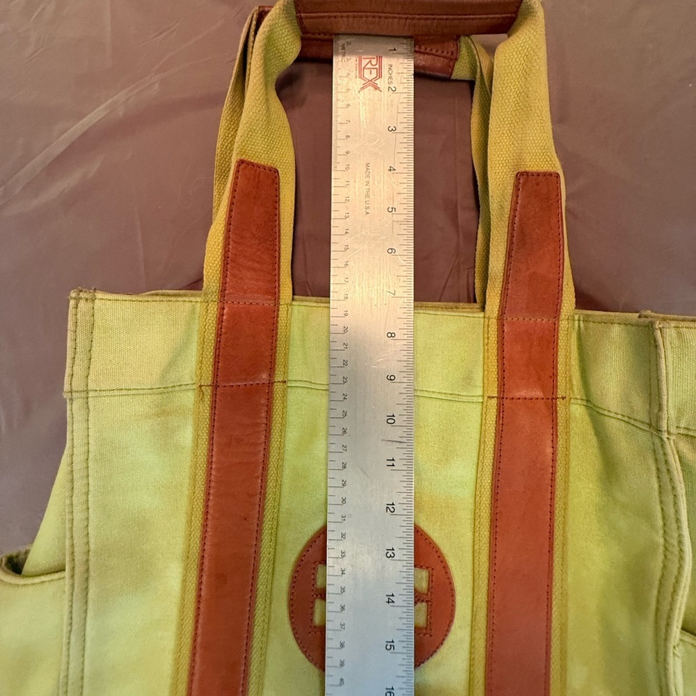 Tory Burch Large Lime Green Canvas Brown Leather Tote Bag MSRP $358 - Picture 4 of 16